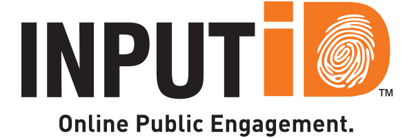 Logo for INPUTiD, featuring the text in bold, black letters. The D is orange with a white fingerprint design. Below, in smaller black text, are the words Online Public Engagement. Inspired by Bolton & Menks commitment to community involvement.
