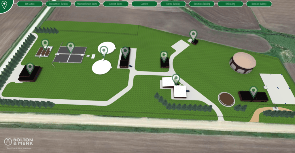 Illustration of a plant layout with green fields and buildings labeled: Lift Station, Pretreatment Building, Anaerobic Basin, Aeration Basin, Clarifiers, Control Building, Operations Building, Biosolids Building. Pathways and icons are marked throughout using AEC Resources techniques.