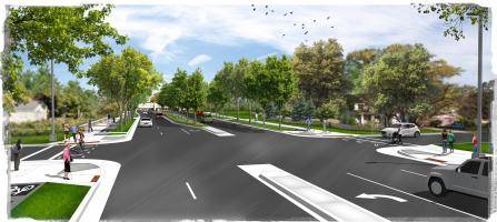 Image of a tree-lined street with multiple lanes, sidewalks, and a bike lane. People are walking and cycling, and a few cars are visible. The sky is partly cloudy, and birds are flying above.
