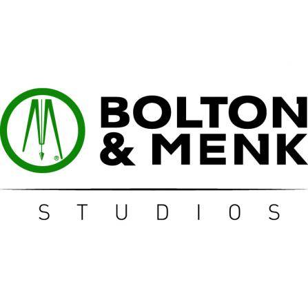 Logo with Bolton & Menk Studios in bold black text. A green circle on the left contains a stylized drawing tool forming the letter M.