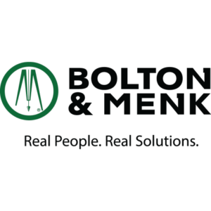 Logo of Bolton & Menk featuring a green circular emblem with abstract lines on the left, next to bold black text that reads BOLTON & MENK. Below, in smaller text, it states Real People. Real Solutions.