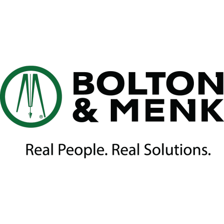 Logo of Bolton & Menk featuring a green circular emblem with abstract lines on the left, next to bold black text that reads BOLTON & MENK. Below, in smaller text, it states Real People. Real Solutions.