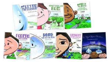 A collection of childrens books with cartoon covers, featuring characters like raindrops, a globe, and smiling children. The titles include names like Walter, Sam, Will, Parker, Doug, and Lindsey, each with a unique environmental theme.