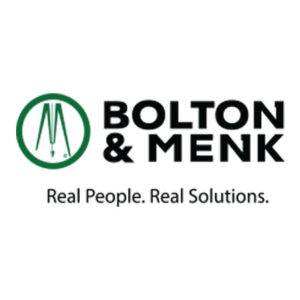 Logo of Bolton & Menk with a green, circular icon to the left showing stylized drawing instruments. The text reads BOLTON & MENK in bold black letters and beneath it, the slogan Real People. Real Solutions.