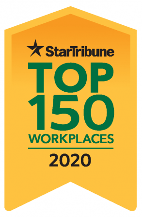 A yellow badge with a black star and the words Star Tribune TOP 150 WORKPLACES 2020 in black and green text.