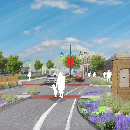 A visualization of a bustling corridor with pedestrians and cars amidst vibrant landscaping