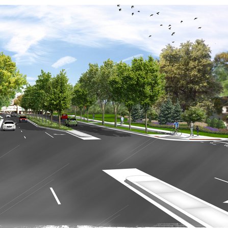 Visualization of busy intersection with traffic, pedestrians, and cyclists