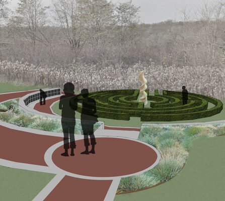 Graphic of a shrub maze landscape feature with a surrounding sidewalk.