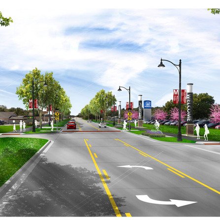 A visualization of busy intersection with cars and pedestrians crossing at a crosswalk