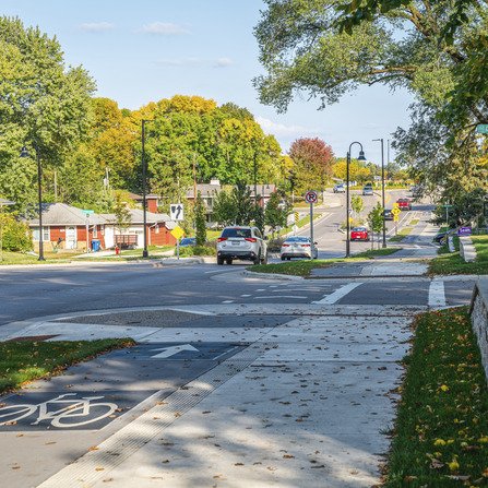 Sidewalk and bike path surrounded by lush greenery and cars passing by