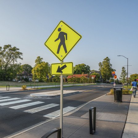 A pedestrian crosswalk sign on a two-lane road with a sidewalk in the background.