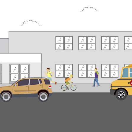 A clip art image showing a school pick up scene with a bus, students, and a car