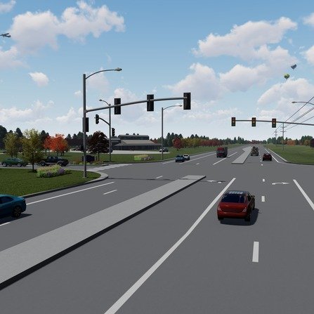 Graphic of a busy intersection with stoplights and multiple lanes