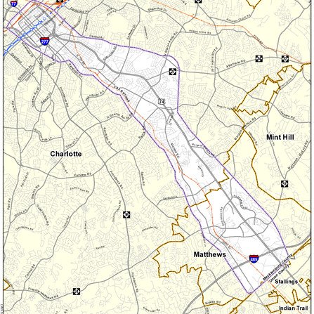Map showing the Charlotte to Matthews area in North Carolina, highlighting road networks like Interstate 277 and 485. Surrounding areas include Mint Hill and Stallings, with geographical boundaries outlined and significant roads marked.