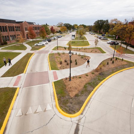 Sidewalks lined with pedestrians amidst urban landscaping