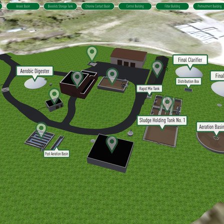 Visualization map of water facility with labeled buildings