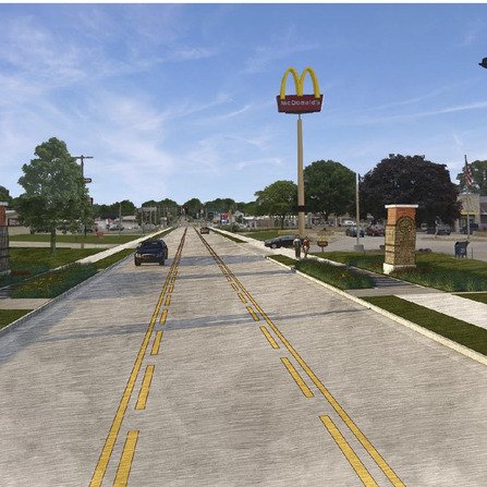 A graphic of a bustling street corridor with cars, businesses, and pedestrians in motion