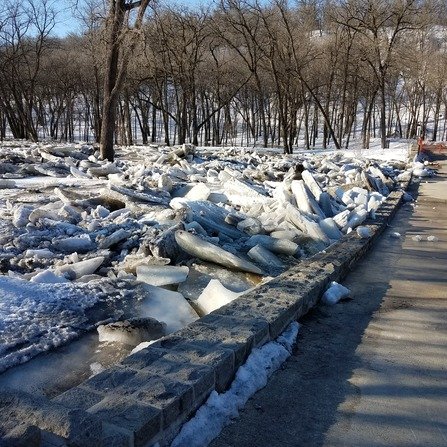 Large pile of broken ice and snow