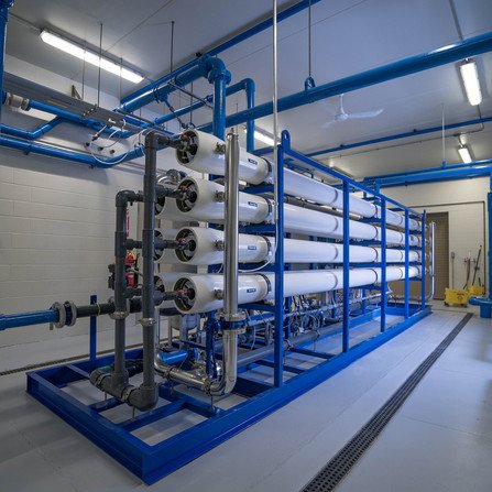 Interior of water treatment facility with pipelines and equipment