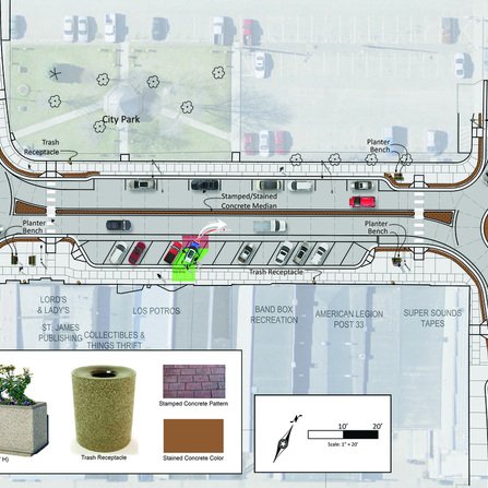 Downtown corridor graphic showcasing traffic flow, roundabouts, medians, and street features.