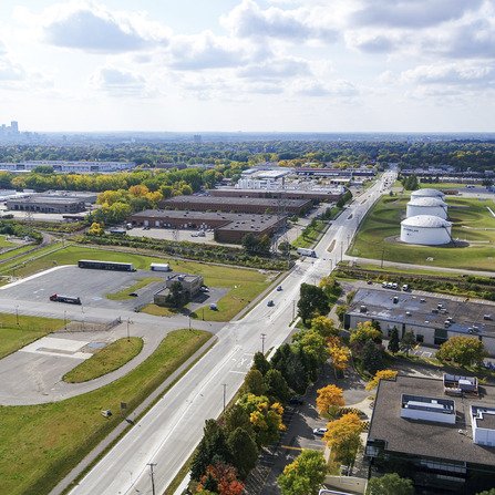Aerial view of town's industrial sector