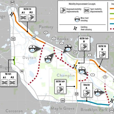 Map highlighting highway bridges crossing over river
