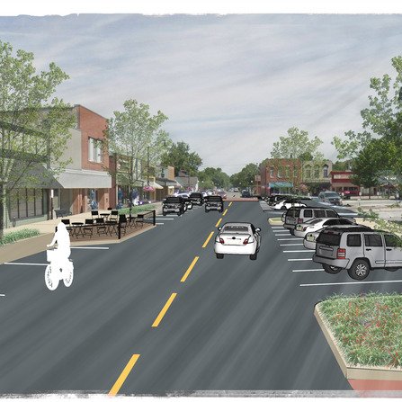 Digital rendering of downtown street with cars and people biking