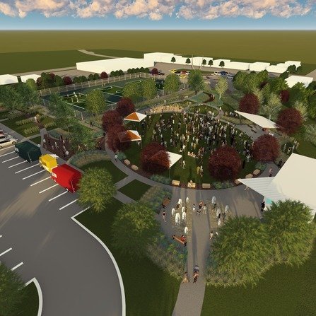 Graphic of a group of people gathered at a park with building, lush greenery, and landscaping