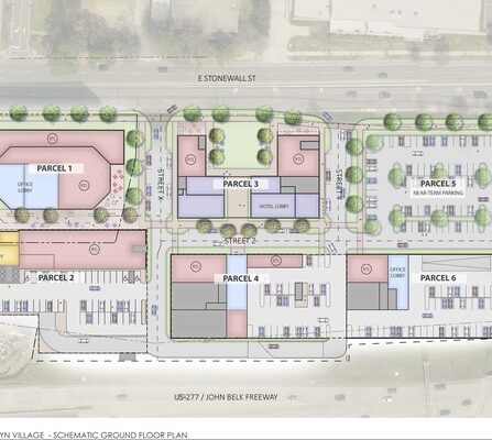 A schematic ground floor plan of a village layout featuring labeled parcels, streets, a hotel lobby, office spaces, parking lots, and landscaping. Notable streets include E Stonewall St and S Brevard St, adjacent to US-277/John Belk Freeway.