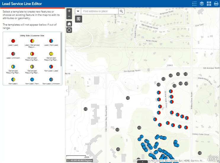 The map interface displays service lines and editor tools, with colored dots indicating various service statuses and connections. As you navigate the neighborhood layout with street names, the upper left offers a legend and tool options for editing or placing service features under the Lead & Copper Rule Revisions.