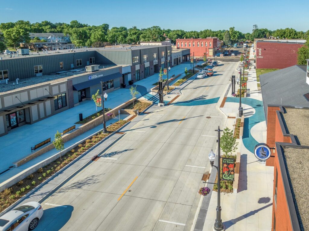 Aerial shot of the new Main Street in the City of Le Sueur.