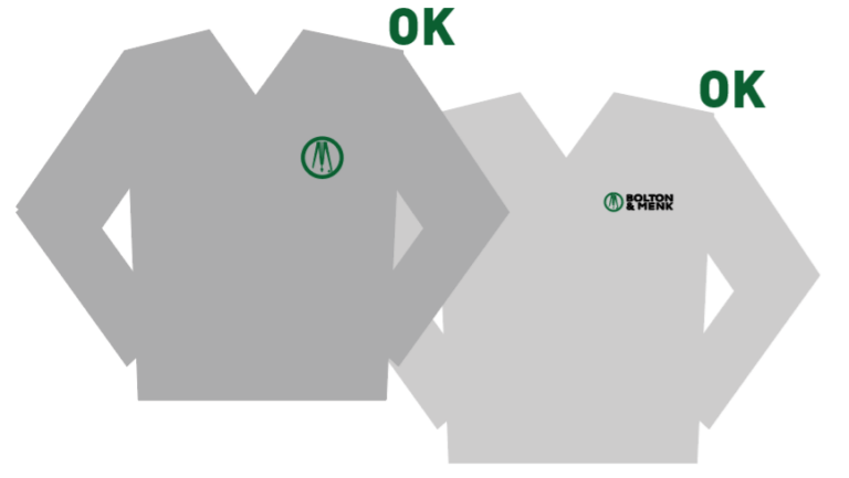 Two gray sweaters with logos; the left sweater has a small circular green logo on the chest, marked OK in green. The right sweater has a small green logo with BOLTON & MENK text, also marked OK.