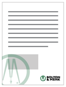 A document layout with lines resembling text in the upper section, a gray rectangular box in the center, and the Bolton & Menk logo in the bottom right corner. The logo features a circular design element and the company name.