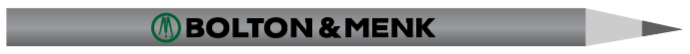 A gray pencil with a sharpened graphite tip. BOLTON & MENK is printed in black letters alongside a green logo featuring stylized initials BM.