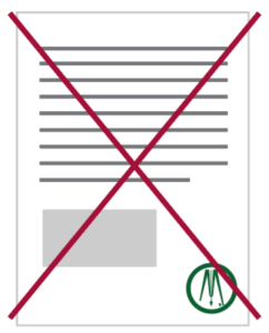 A document icon with a red X over it, indicating negation or cancellation. The bottom right corner has a green circle with a stylized pen logo inside.