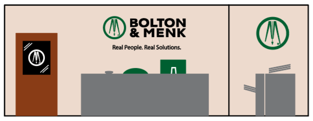 Illustration of an office lobby with a reception desk, door, and a copy machine. The wall features the Bolton & Menk logo and the tagline Real People. Real Solutions.