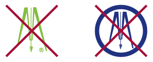 Two geometric logos, one green and one blue, each depicting a stylized compass, are crossed out with red X marks. The blue logo is enclosed in a blue circle.
