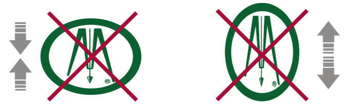 Two green logos with drafting tools inside green ovals. The left logo has a red X over it with gray arrows implying no vertical movement. The right logo lacks the red X and gray arrows suggest vertical movement is allowed.