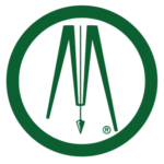 A green logo featuring a circle with a stylized pair of compasses inside, forming the letter M. Theres a small registered trademark symbol at the bottom right of the compasses.