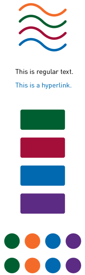 Colorful wavy lines, text examples reading This is regular text and This is a hyperlink, followed by a column of four colored rectangles and a column of circles in matching colors: dark green, red, blue, orange, and purple.