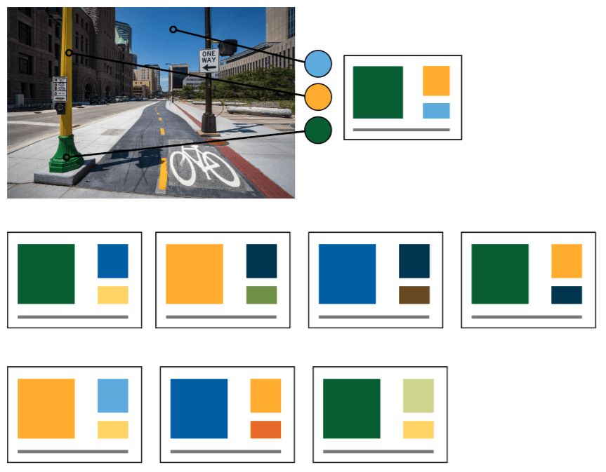 Street with bike lane and one-way sign at the top left. To the right are seven variations of colored rectangle layouts resembling abstract compositions, each with different combinations of blue, green, yellow, and orange.
