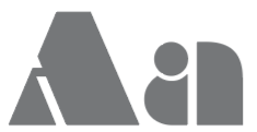 A geometric design logo with a stylized lowercase a and i in gray. The a has a pointed top, and the i has a circular dot.