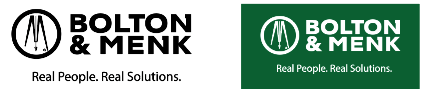 Two Bolton & Menk logos side by side. The left logo is black and white with the text BOLTON & MENK above Real People. Real Solutions. The right logo is green and white with the same text and a circular emblem.
