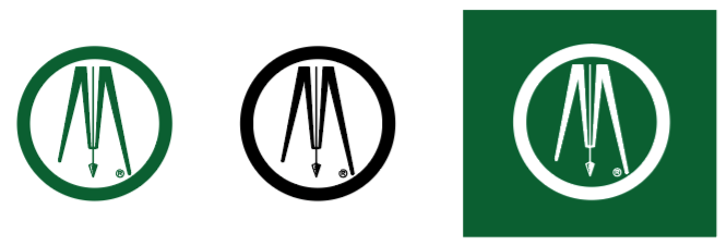 Three drafting compass icons: the first inside a green circle, the second inside a black circle, and the third on a green square background with a white circle. Each compass is stylized and facing downward.
