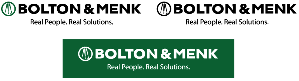 Three variations of the Bolton & Menk logo are shown, each with the text Real People. Real Solutions. Two logos are on a white background and one on a green background, all featuring the Bolton & Menk name and circular emblem.