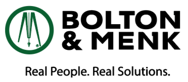 Logo with Bolton & Menk in bold black letters. A green and white circle with geometric shapes appears to the left. Below, the text reads: Real People. Real Solutions.