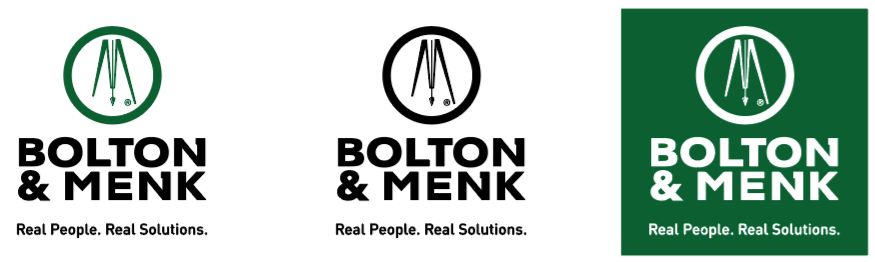 Three versions of the Bolton & Menk logo. The first is a green circle, the second a black circle, and the third on a green square background. Each shows white engineering tools with the text BOLTON & MENK: Real People. Real Solutions.