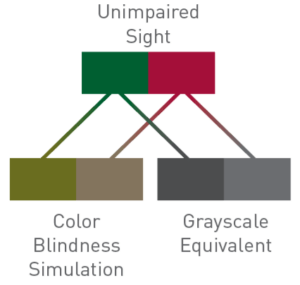 A diagram shows two colored blocks at the top labeled Unimpaired Sight, one green and one red. Below, a color blindness simulation with brown tones and a corresponding grayscale equivalent are shown.