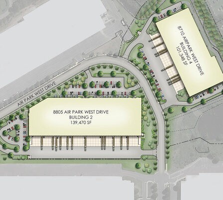 Site map showing two large buildings labeled 870 Air Park West Drive and 8805 Air Park West Drive surrounded by roads and parking areas. The surrounding landscape includes trees and grass.