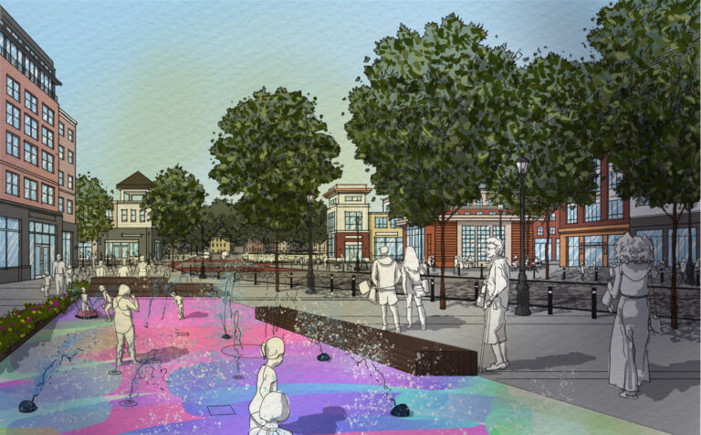 A drawing of a fountain in a park